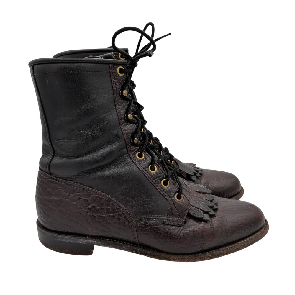 Justin Exotic Leather Packer Roper Boots Women Brown Leather Lace Kiltie 8 B USA